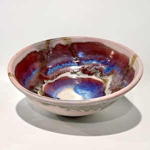 Large Ceramic Serving Bowl, Speckled White, Colored Stripes Around the Inside
