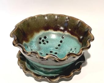Turquoise and Brown Ceramic Berry Bowl, Ruffled Rim and Matching Saucer