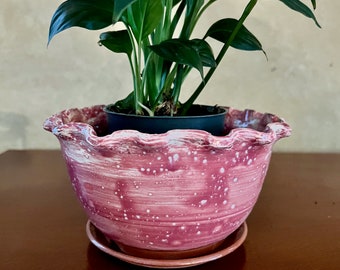 Terra Cotta Flower Pot with Fluted Rim, Peppermint Pink, Drainage Holes & Saucer