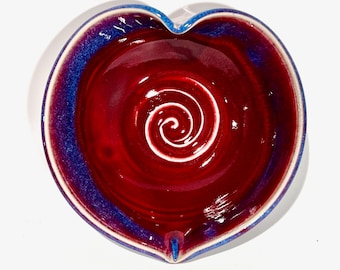 Porcelain Heart Shaped Bowl with a Swirl in the Bottom, Red with a Vibrant Blue Rim