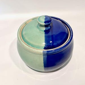 Ceramic Covered Jar, Half Turquoise Half Royal Blue