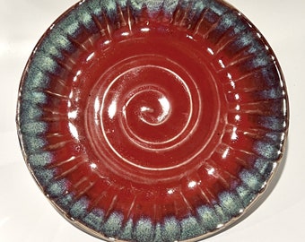 Handmade Stoneware Textured Platter, Wheel Thrown Pottery Glazed Red and Green With Hints of Purple