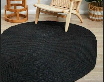 Handmade Braided Jute Rug - Oval Black Area Rug - Eco-Friendly Reversible Floor Mat -Modern Farmhouse Decor-Handcrafted Natural Fiber Carpet