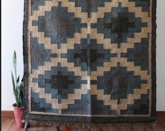 Handmade Wool Jute Area Rug, Indian Kilim Dhurrie Design
