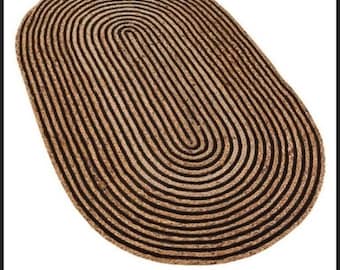 Tapete oval espiral natural preto trançado em juta, feito à mão, decoração vintage para casa, tapete circular rústico para sala de estar.