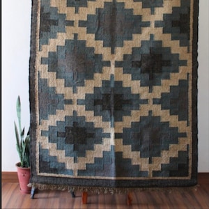 Wool and Jute Rug Handmade,Traditional Indian/WOOL JUTE RUGS,Area rug,Kilim Dhurrie Rug, navajo rug
