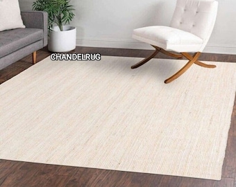 White Braided Jute Area Rug | Cream Off-White Handwoven Carpet | Modern Farmhouse Eco-Friendly Rug | Custom Size Modern Boho Home Decor