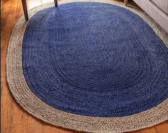 Handmade Braided Jute Rug - Oval Blue & Natural Area Rug-Eco-Friendly Reversible Floor Mat - Rustic Boho Home Decor - Custom Sizes Available