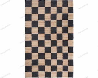 Black Checkered Area Rug Handmade Hemp Jute Rug, Vintage Checkerboard Floor Mat, Modern Heritage Home and Living Decor, Handwoven Carpet
