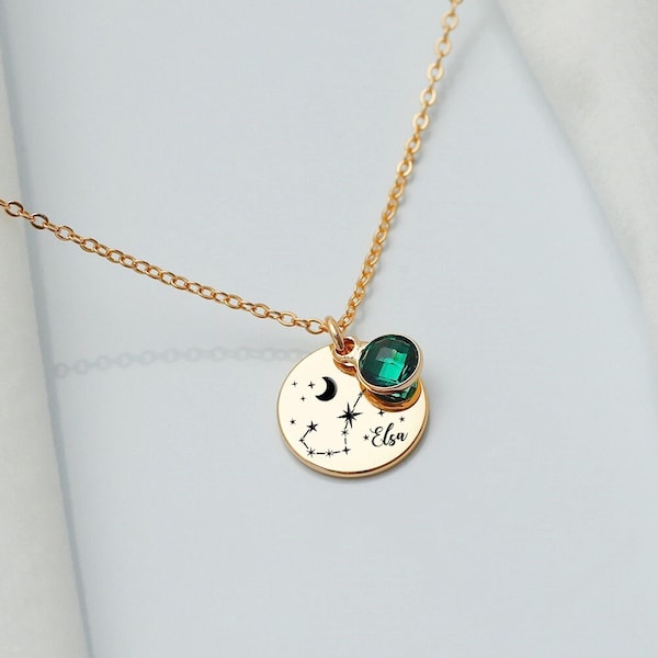 Zodiac Birthstone Necklace, Zodiac Sign Name Necklace, Personalized Zodiac Necklace, Constellation Necklace, Birthday Gift, Mothers Day Gift