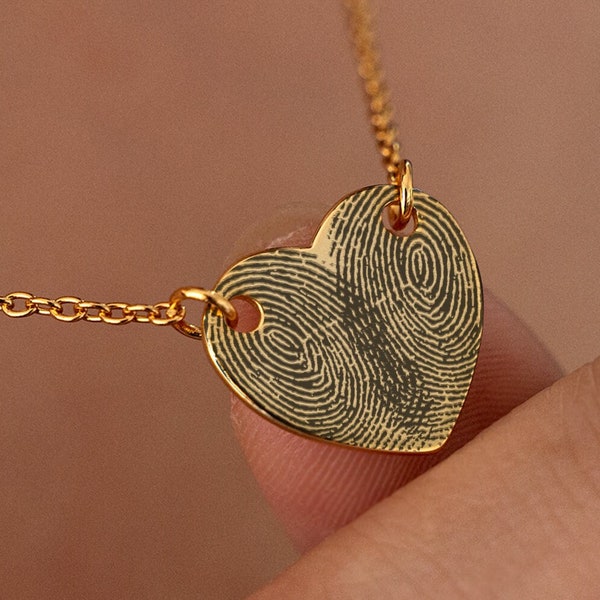 Engraved Double Fingerprint Heart Necklace,Actual Fingerprint Necklace,Custom Fingerprint Necklace with Name,Memorial Jewelry,Gift for Mama