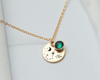 Zodiac Birthstone Necklace, Zodiac Sign Name Necklace, Personalized Zodiac Necklace, Constellation Necklace, Birthday Gift, Mothers Day Gift