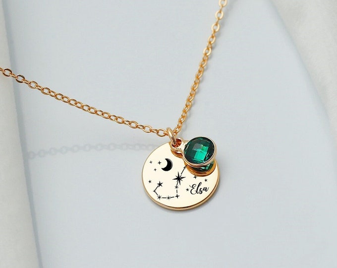 Zodiac Birthstone Necklace, Zodiac Sign Name Necklace, Personalized Zodiac Necklace, Constellation Necklace, Birthday Gift, Mothers Day Gift