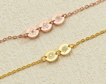 Personalized Birth Flower Disc Bracelet, Engraved Family Bracelet, Combined Birth Flower Bracelet,Birthday Gift for Grandma,Mothers Day Gift