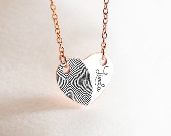 Custom Fingerprint Heart Necklace with Name, Engraved Fingerprint Necklace, Actual Fingerprint Necklace, Memorial Necklace, Valentines Gift