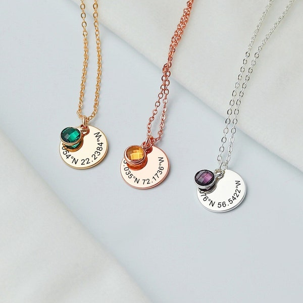 Custom Coordinates Necklace With Birthstone, Engraved Coordinates Necklace, Coordinates Jewelry, Longitude Latitude, Birthday Gift For Her