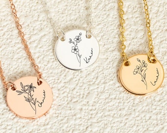 Gepersonaliseerde geboorte bloem schijf ketting Valentijnsdag geschenk, aangepaste geboorte bloem naam ketting, geboorte maand bloemen ketting, verjaardagscadeau voor haar