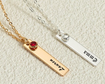 Vertical Bar Name Necklace With Birthstone, Personalized Gold Bar Necklace, Engraved Old English Name Necklace, Birthday Gift For Her/Friend