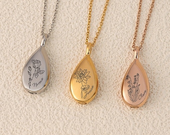 Birth Flower Ashes Necklace,Custom Urn Necklace for Women,Engraved Flower Cremation Necklace,Teardrop Urn Necklace forAshes,Memorial Jewelry