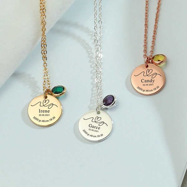 Personalized Disc Name & Date Necklace with Birthstone,New Mom Necklace,Baby Birth Date Jewelry,Mothe's Day Gift,New Mom Gift,Birthday Gift