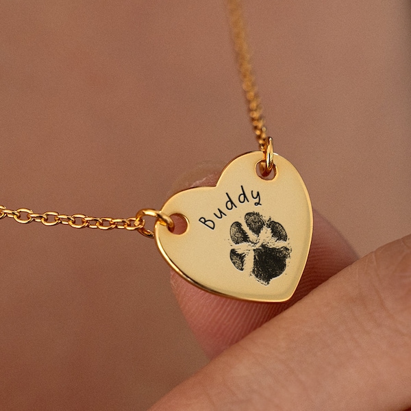 Custom Actual Pet Paw Print Necklace, Dog/Cat Paw Print Heart Necklace, Pet Memorial Gift, Engraved Paw Necklace with Name, Valentines Gift