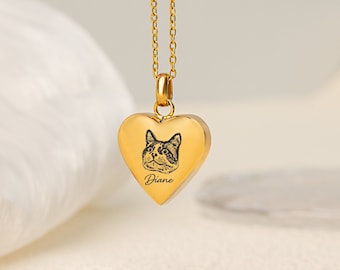 Pet Urn Necklace, Custom Heart Cremation Necklace, Pet Portrait Memorial Jewelry, Pet Loss Gift, Ashes Necklace, Dog Cat Memorial Necklace