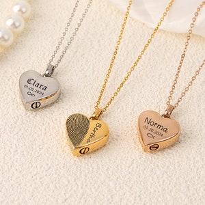 Heart Urn Necklace with Engraved Fingerprint, Memorial Text Urn Necklace, Personalized Human Ashes Necklace, Fingerprint Cremation Necklace
