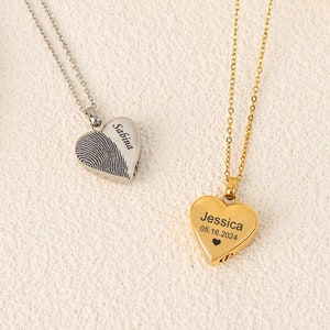 Personalized Human Ashes Necklace, Heart Urn Necklace with Engraved Fingerprint, Fingerprint Cremation Necklace for Memorial, Gift for Her