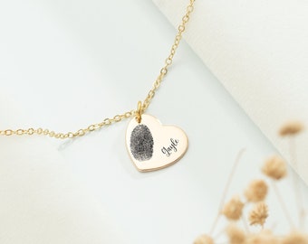 Engraved Fingerprint Heart Necklace, Custom Fingerprint Necklace with Name, Personalized Actual Fingerprint Jewelry, Birthday Memorial Gift