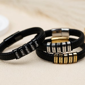 Pulsera de hombre con cuentas grabadas, pulsera de cuero personalizada con nombre familiar, pulsera de múltiples cuentas para papá, abuelo o hijo, regalo de Navidad.