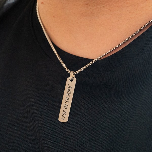 Bar Necklace for Men,Engraved Necklace with Box Chain,Couple Necklace,Personalised Bar Necklace, Gift for Him/Boyfriend/Dad,Anniversary Gift