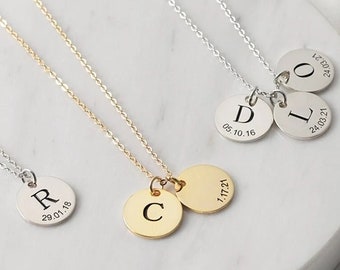 Initial and Date Disc Necklace, Family Necklace, Valentines Gift for Mom, Multiple Initial Necklace, Engraved Letter Necklace, Birthday Gift