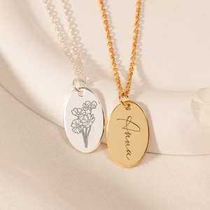 Personalized Birth Flower Necklace with Name, Engraved Flower Necklace for Her, Birthday Gift for Mom, Name Necklace, Oval Pendant Jewelry