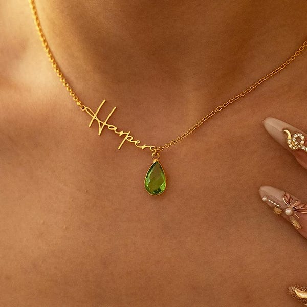 Collar con piedra de nacimiento en forma de lágrima y nombre, collar de piedras preciosas personalizado, regalo para ella, collar con nombre y piedra de nacimiento, regalo de Navidad, regalo para mamá