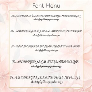 May include: A menu of five different fonts, labeled F1 through F5, with the alphabet in each font. The fonts are all cursive and have a decorative style.