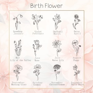May include: A decorative print featuring twelve line drawings of birth flowers, each labeled with the month and flower name. The flowers include snowdrop, violet, daffodil, daisy, lily of the valley, rose, water lily, poppy, morning glory, cosmos, chrysanthemum, and holly berry.