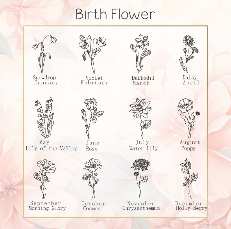 May include: A decorative print featuring twelve line drawings of birth flowers, each labeled with the month and flower name. The flowers include snowdrop, violet, daffodil, daisy, lily of the valley, rose, water lily, poppy, morning glory, cosmos, chrysanthemum, and holly berry.