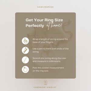 May include: A graphic with instructions on how to measure your ring size at home using a string, pen, and ruler. The text reads "Get Your Ring Size Perfectly at home!"