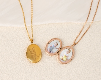 Locket Necklace with Birth Flower, Personalized Oval Photo Locket, Engraved Oval Necklace for Mom, Memorial Gift, Anniversary Gift for Her