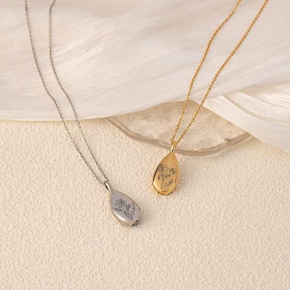 Personalized Teardrop Ashes Necklace, Birth Flower Urn Necklace, Engraved Cremation Jewelry for Women, Flower Necklace Memorial Gift for Her