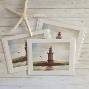 Lighthouse Greeting Card Lighthouse Painting with American Flag and Boats Greeting Card Father&#39;s Day Card Art Print