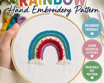 Regenbogen Handstickerei Muster, PDF-Anleitung, Anfänger-Stickmuster, Stickerei lernen, Stickanleitung, druckbares Muster