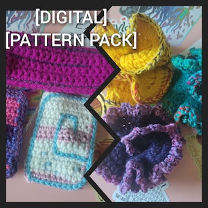 May include: A digital pattern pack for crocheting. The pack includes patterns for a purple headband, a white and pink rectangular crocheted piece, a yellow crocheted flower, a purple crocheted flower, and a teal crocheted flower.