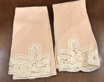 Vintage 2 Blush Pink Linen Guest Towel  Lace Cottage Shabby Chic Fingertip