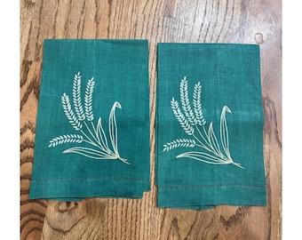 Vintage Hand Embroidered Fingertip Towels Set Green Linen Wheat Sheaf