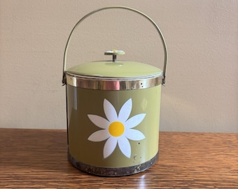 Vintage Avocado Green Daisy Ice Bucket Metal Vinyl Mid Century Barware Retro