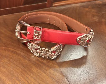 Harve' Benard Red Leather Belt Silver Western Concho Buckle Large 39" Statement