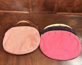 Bolso Bermuda DeLanthe vintage con asa de madera y tejido rosa + 2 fundas intercambiables