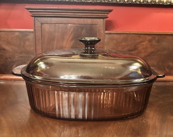 Casseruola ovale da forno Corning Visions color ambra vintage da 4 litri con coperchio in Pyrex