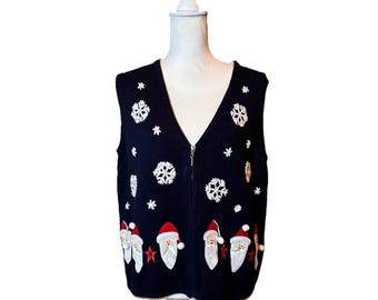 Timberlea Christmas Sweater Vest Womens L Navy Santa Snowflake Zip Up